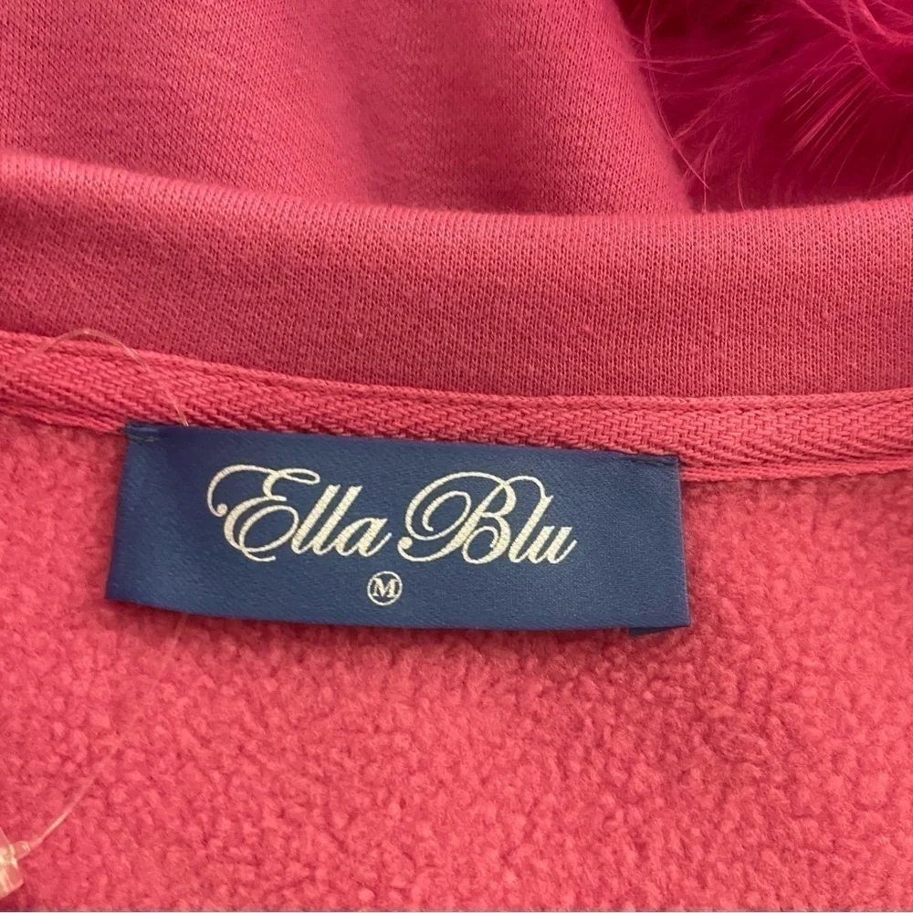 Ella Blu Feather Trim Sweatshirt Pink Women's Size M Crop‎ Pullover Top EUC - Picture 9 of 10